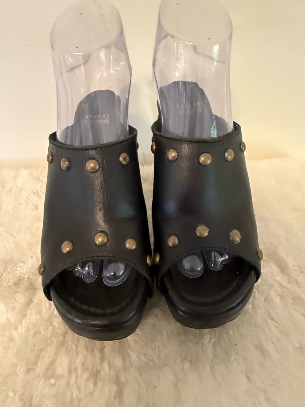 Stuart Weitzman Black Studded Open-Toe Leather Clogs